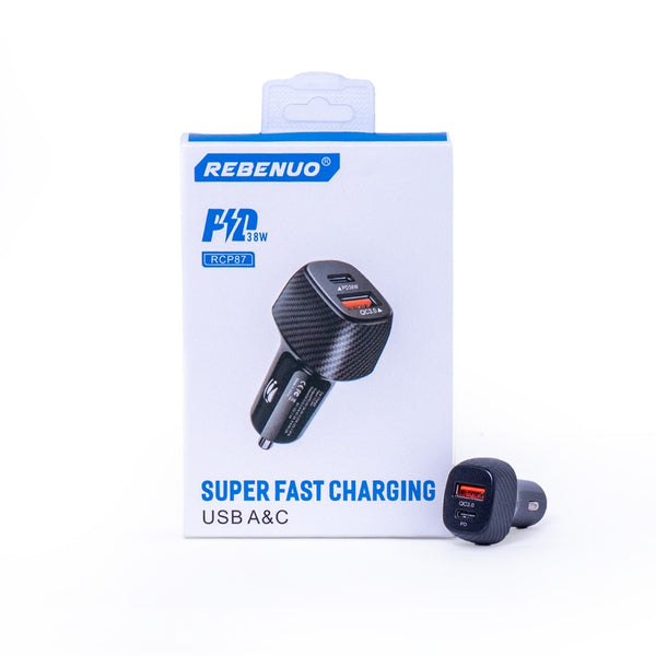 RCP87-38W Car Adapter with Retractable Type-C and usb